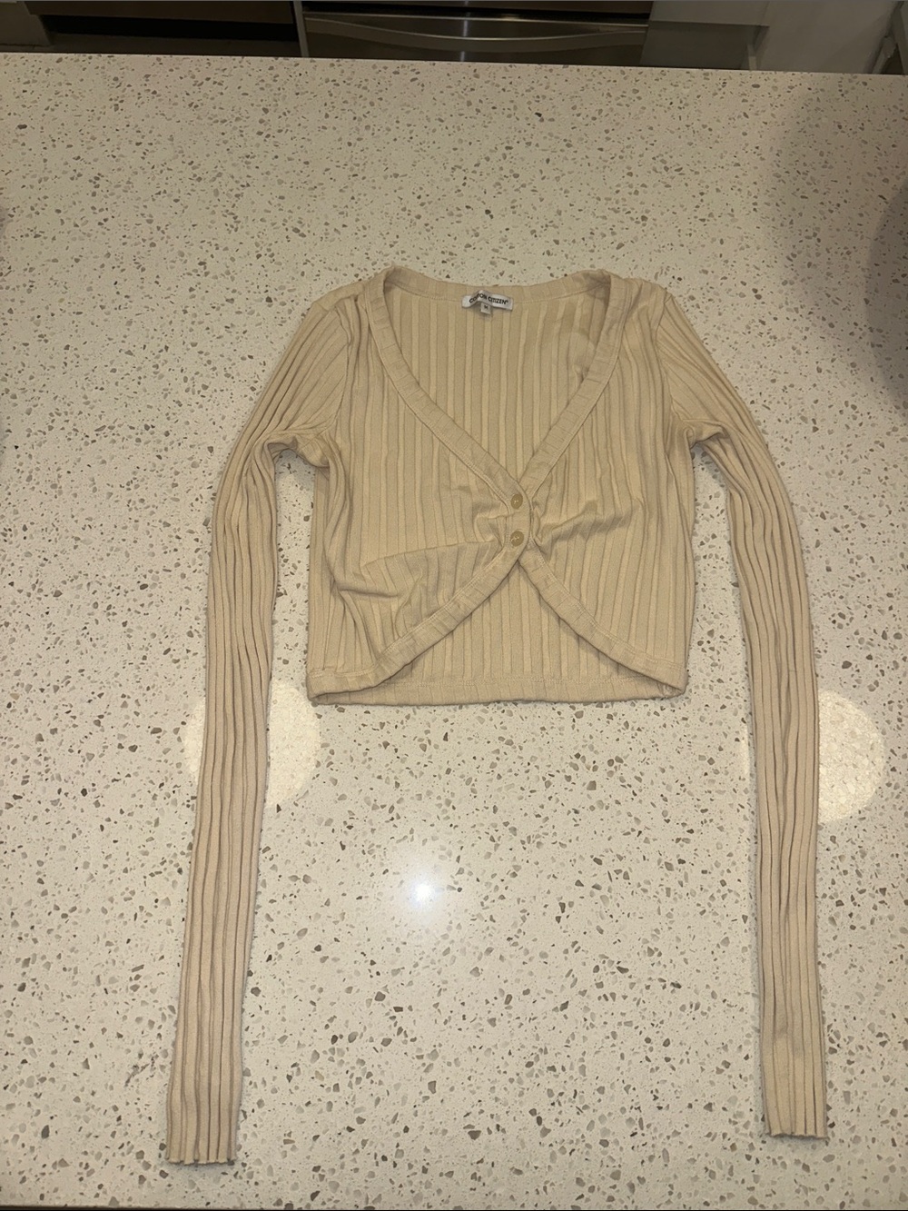 Cotton Citizen Kith Cropped Cream Ribbed Button-Front Long Sleeve Cardigan